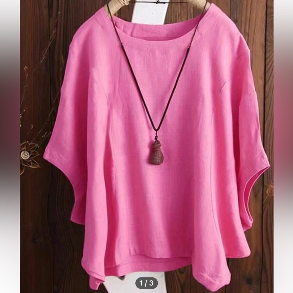Women's, linen, round neck, batwing sleeve top.